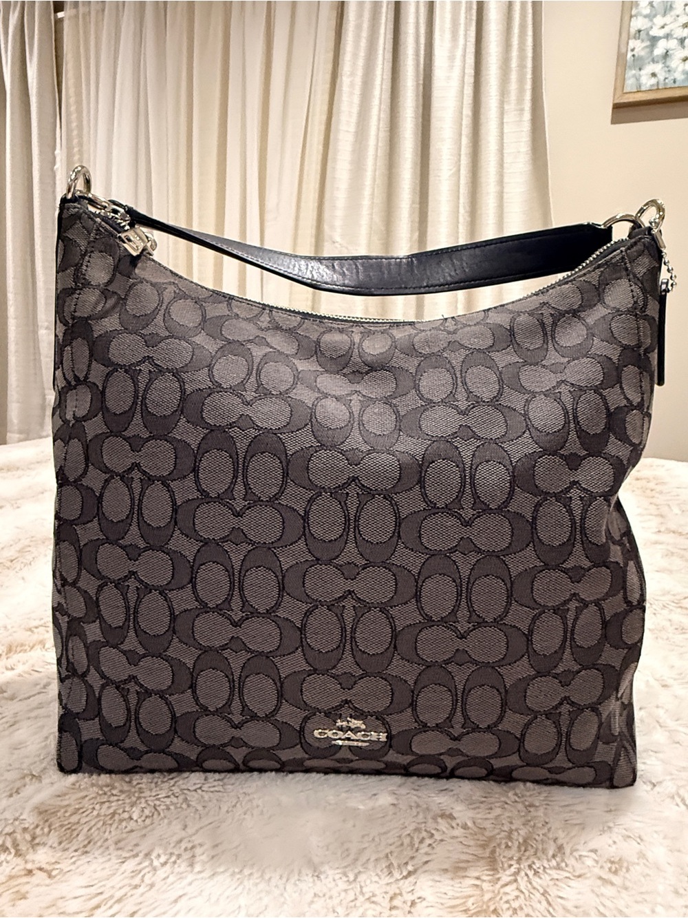 Coach Dark Gray Signature Jacquard Shoulder Bag with Black Trim